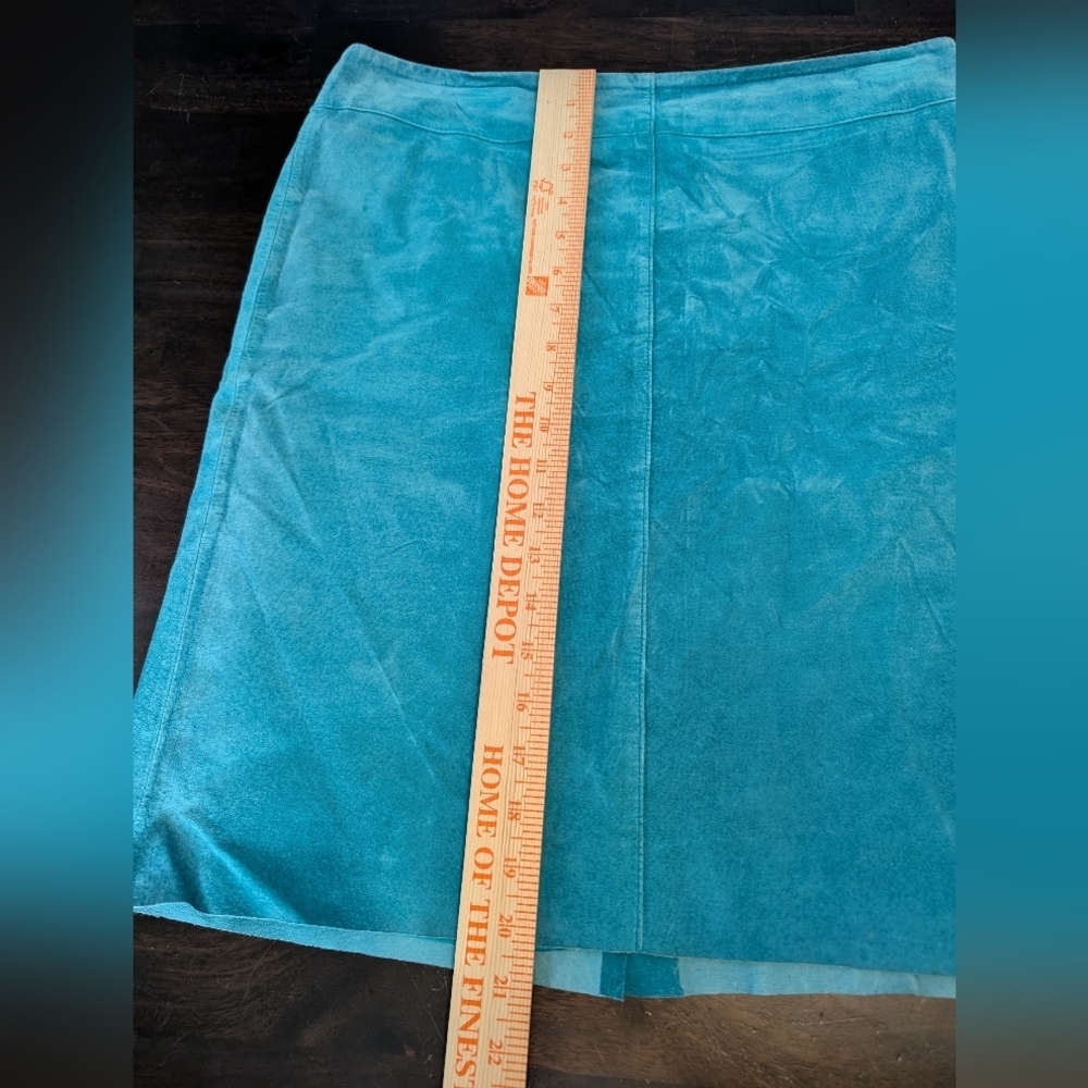 Express VTG Teal Suede Women's Skirt, Size 9/10. Genuine Leather, Lines, Raw Hem - Picture 3 of 7